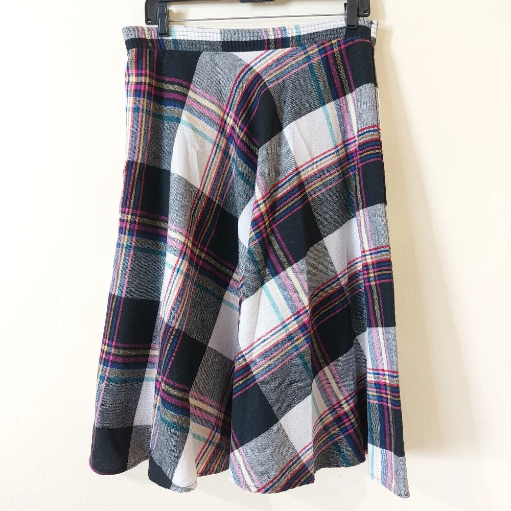 Vintage 80s Plaid Multicolor Pink Black Yellow A-Line Circle Midi Skirt - Picture 2 of 12